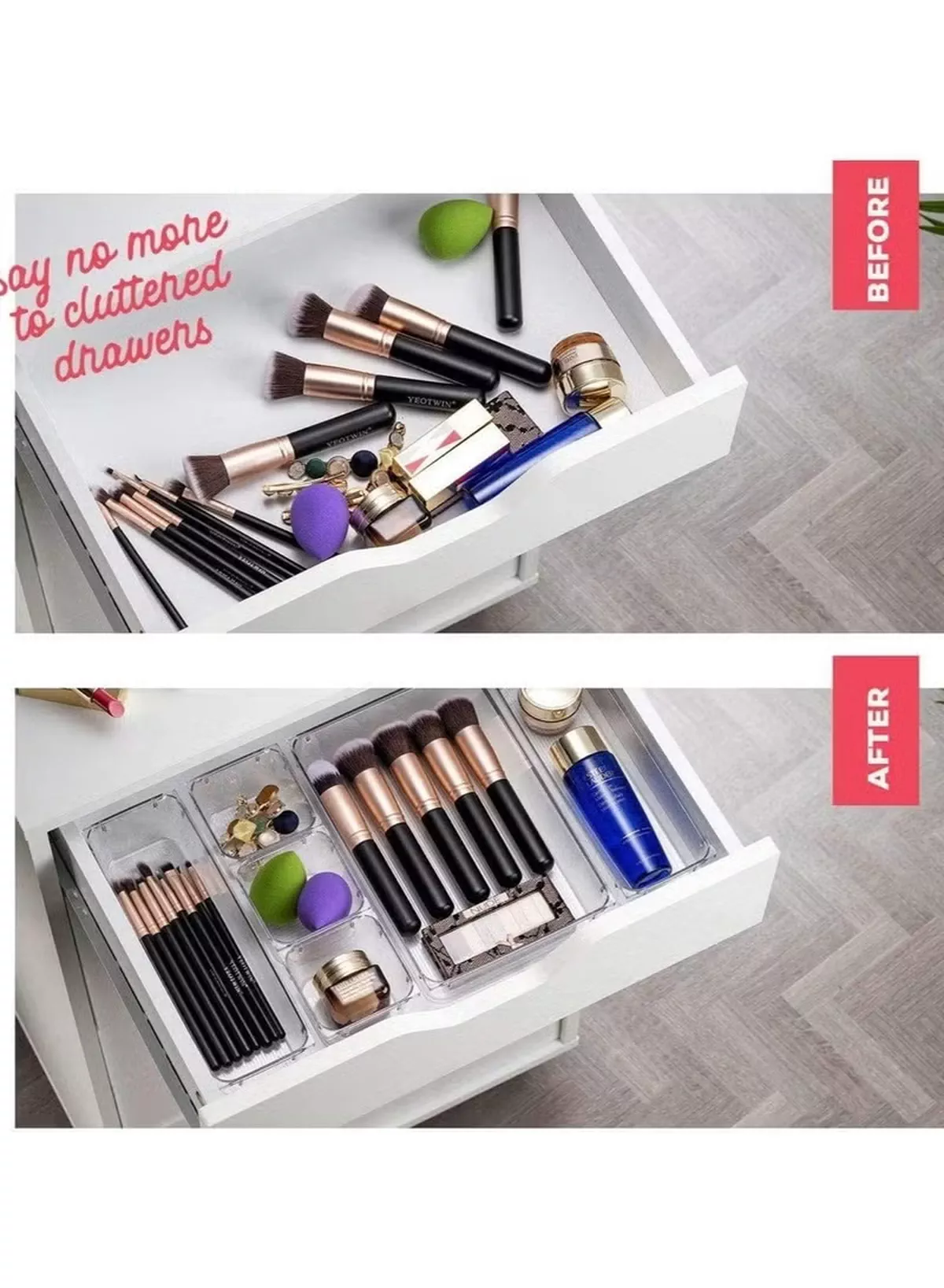 Eworld 25 PCS Clear Plastic Drawer Organizer Tray Set, Drawer Dividers Storage Bins, Non-Slip & Stackable Clear Organizers for Bathroom, Vanity, Makeup, Kitchen & Office Drawers, 4 Sizes with 100 Silicone Pads-3-3
