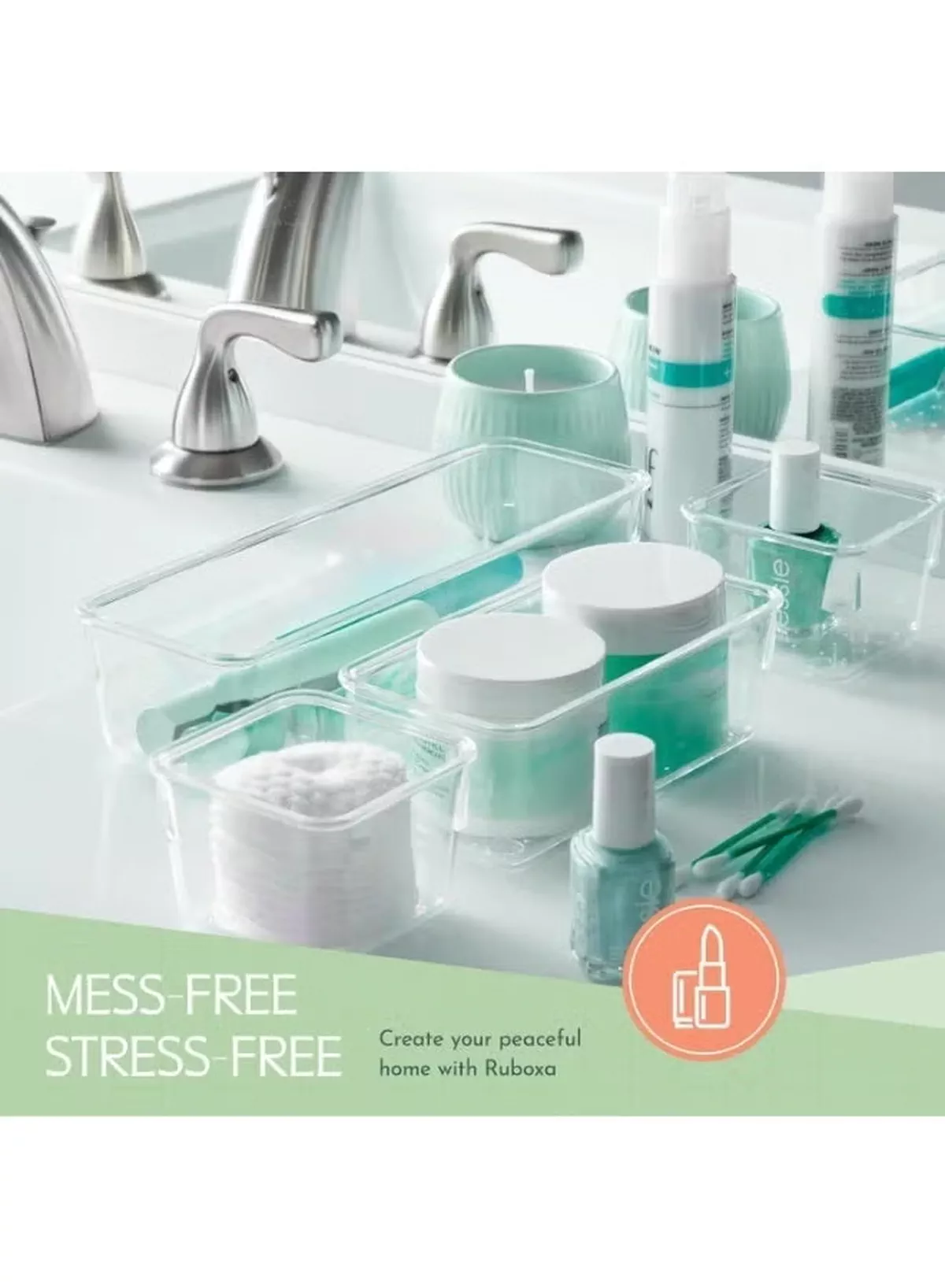 Eworld 25 PCS Clear Plastic Drawer Organizer Tray Set, Drawer Dividers Storage Bins, Non-Slip & Stackable Clear Organizers for Bathroom, Vanity, Makeup, Kitchen & Office Drawers, 4 Sizes with 100 Silicone Pads-4-4