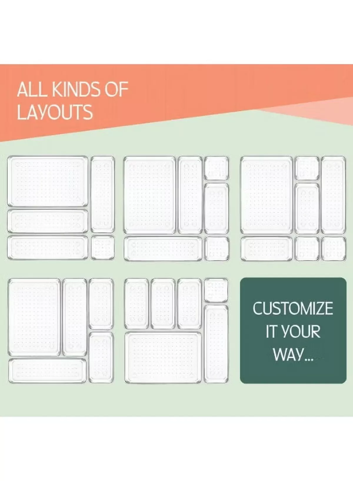 Eworld 25 PCS Clear Plastic Drawer Organizer Tray Set, Drawer Dividers Storage Bins, Non-Slip & Stackable Clear Organizers for Bathroom, Vanity, Makeup, Kitchen & Office Drawers, 4 Sizes with 100 Silicone Pads-1-1