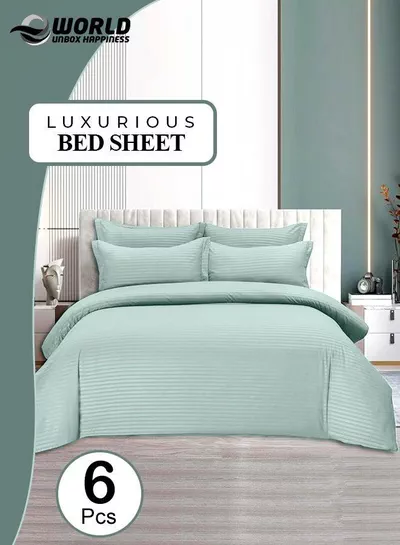 6-Piece Premium King Size Bedding Set, Pastel Green Striped Design-1 Full/King Size Luxury Bedsheet with Stripped Pattern with 1 Soft Duvet Cover and 4 Pillowcases – Suitable for Home and Hotels-0