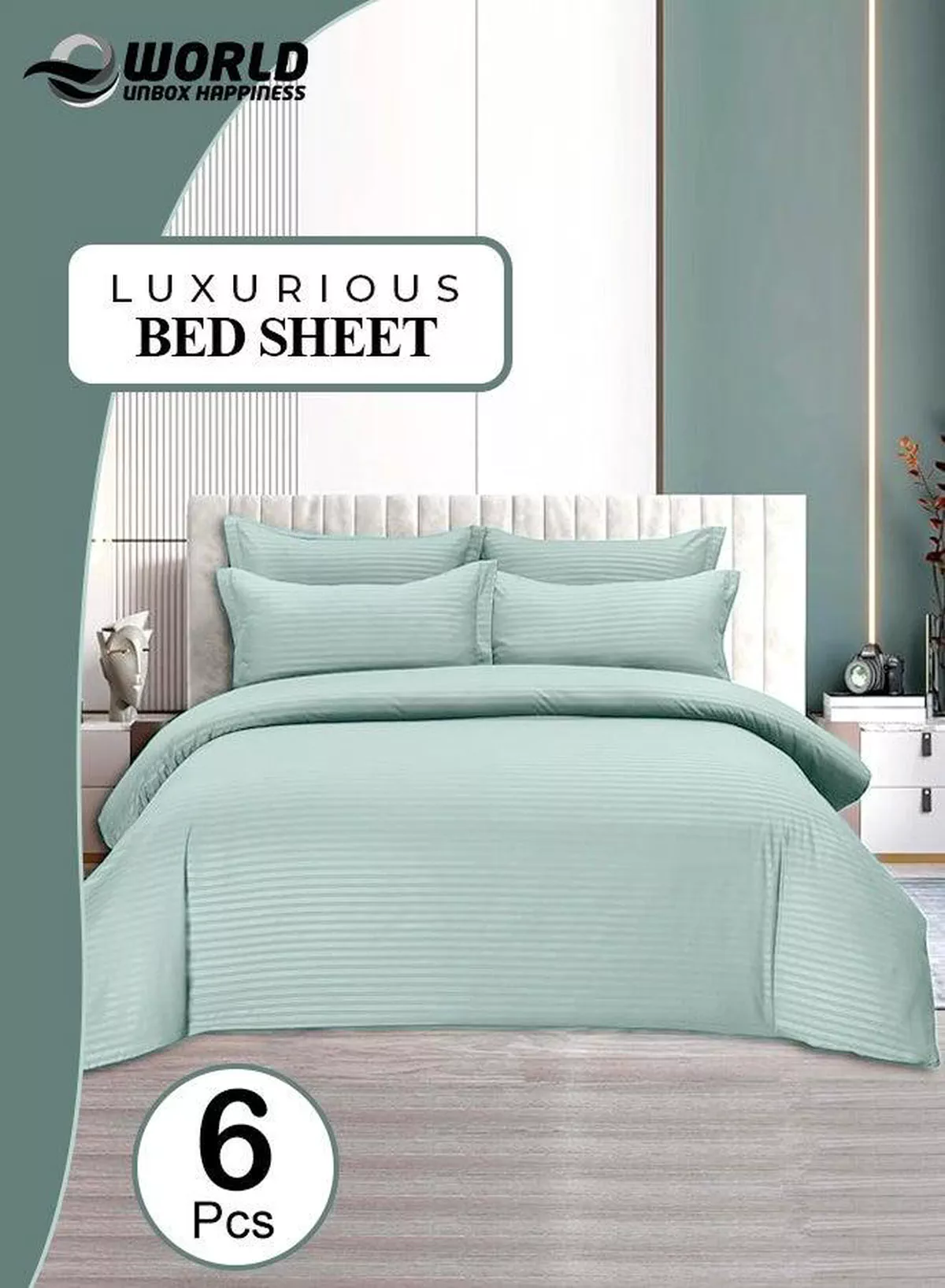 6-Piece Premium King Size Bedding Set, Pastel Green Striped Design-1 Full/King Size Luxury Bedsheet with Stripped Pattern with 1 Soft Duvet Cover and 4 Pillowcases – Suitable for Home and Hotels