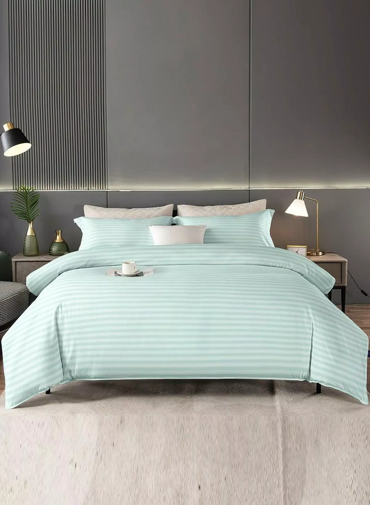 6-Piece Premium King Size Bedding Set, Pastel Green Striped Design-1 Full/King Size Luxury Bedsheet with Stripped Pattern with 1 Soft Duvet Cover and 4 Pillowcases – Suitable for Home and Hotels-2-2