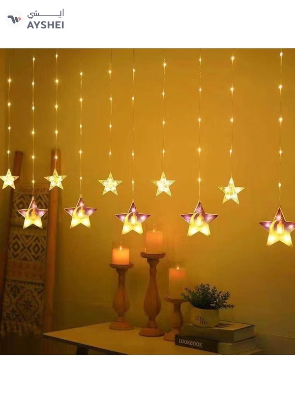 Yuwell 3.5M Ramadan Light For Home Decoration Multimode Operated Decorative Light Star Design Curtain Ramadan And Eid Light For House Decoration Warm White