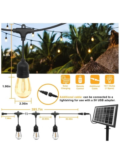 Yuwell Outdoor Waterproof IP65 Led String Lights E27 Holder 15 Meter Bulb Holder Wire With 30 Bulbs 4W ST64 Amber With EU Plug Solar Bulb Holder For Ramadan Decoration Lights And Outdoor Decoration Light Hanging Light 6000mAh & USB-C, String Lights With Remote Control And 8 Modes Ramadan Light With Cable Ties-3
