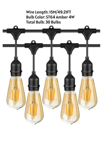 Yuwell Outdoor Waterproof IP65 Led String Lights E27 Holder 15 Meter Bulb Holder Wire With 30 Bulbs 4W ST64 Amber With EU Plug Solar Bulb Holder For Ramadan Decoration Lights And Outdoor Decoration Light Hanging Light 6000mAh & USB-C, String Lights With Remote Control And 8 Modes Ramadan Light With Cable Ties-1