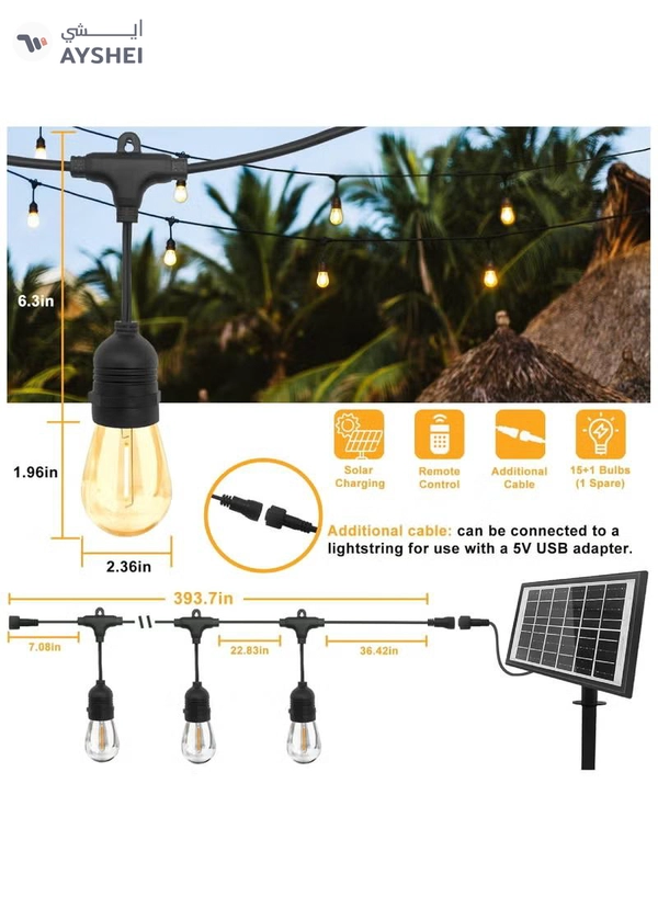 Yuwell Outdoor Waterproof IP65 Led String Lights E27 Holder 15 Meter Bulb Holder Wire With 30 Bulbs 4W ST64 Amber With EU Plug Solar Bulb Holder For Ramadan Decoration Lights And Outdoor Decoration Light Hanging Light 6000mAh & USB-C, String Lights With Remote Control And 8 Modes Ramadan Light With Cable Ties