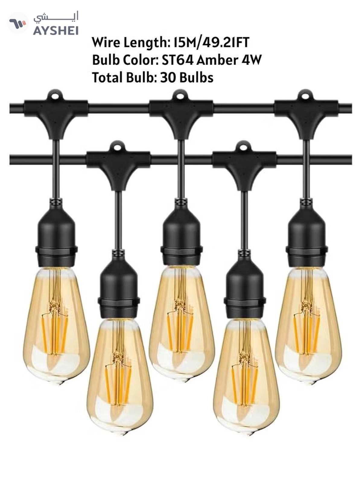 Yuwell Outdoor Waterproof IP65 Led String Lights E27 Holder 15 Meter Bulb Holder Wire With 30 Bulbs 4W ST64 Amber With EU Plug Solar Bulb Holder For Ramadan Decoration Lights And Outdoor Decoration Light Hanging Light 6000mAh & USB-C, String Lights With Remote Control And 8 Modes Ramadan Light With Cable Ties-1-1