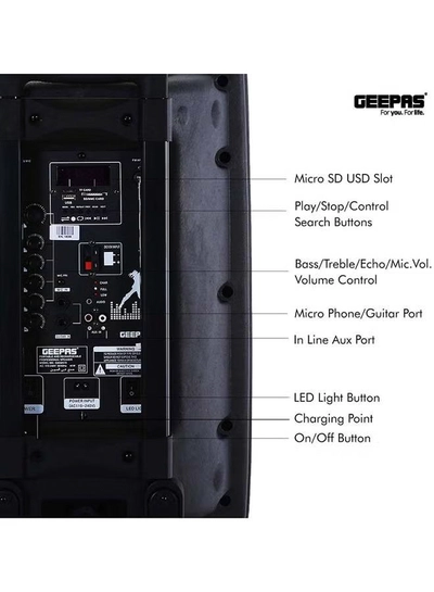 GEEPAS Rechargeable Portable Trolley Speaker System With USB/Bluetooth/SD Card Slots/FM Radio GMS8519 Black-5