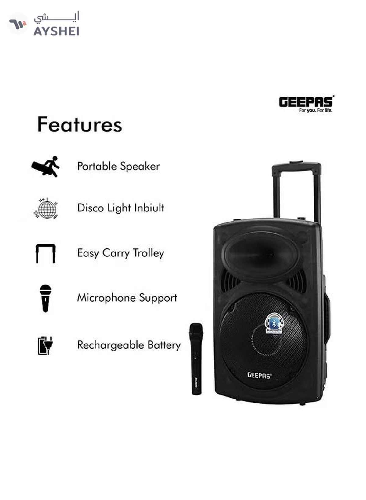 GEEPAS Rechargeable Portable Trolley Speaker System With USB/Bluetooth/SD Card Slots/FM Radio GMS8519 Black-6-6