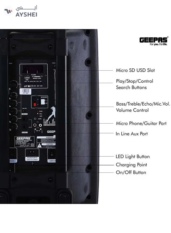 GEEPAS Rechargeable Portable Trolley Speaker System With USB/Bluetooth/SD Card Slots/FM Radio GMS8519 Black
