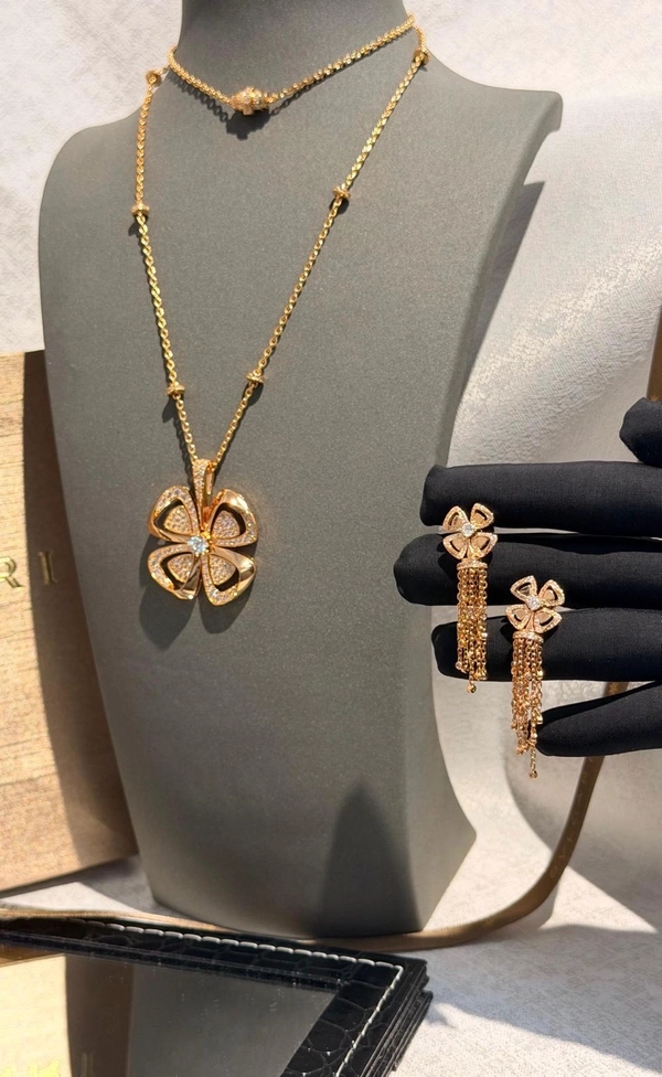 Bvlgari Fiorever Diamond Gold Necklace and Dangle Earrings Set