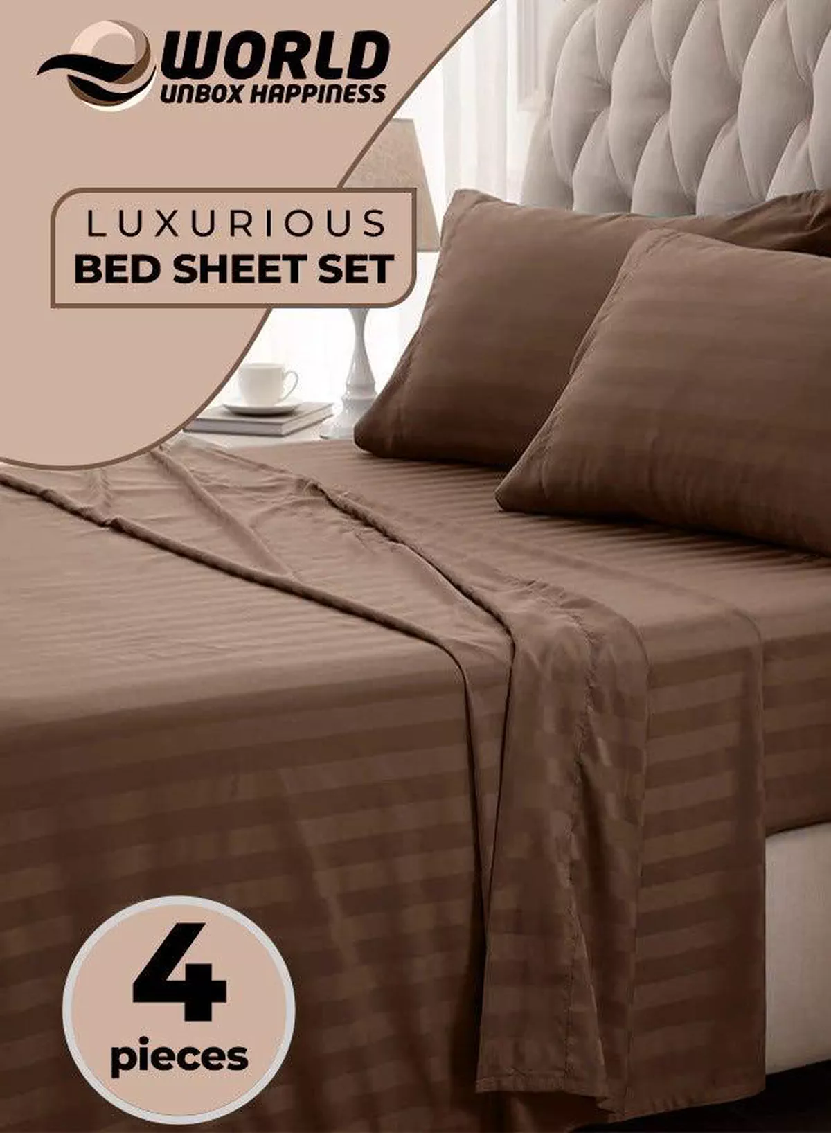 4-Piece Luxury Brown Striped Bedding Set Includes 1 Regular Bedsheet, 1 Fitted Bed Sheet, and 2 Pillow Cases for Ultimate Hotel-Inspired Sophistication in King, Queen and Single Sizes