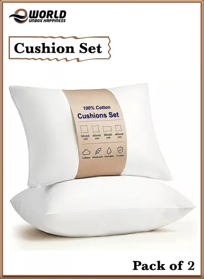 Eworld Pack of 2 White Mellow Cushion Set – 100% Cotton Cover, 550 GSM, Microfiber Filled Soft Decorative Throw Pillows for Sofa, Bed & Living Room – Multiple Sizes Available-0