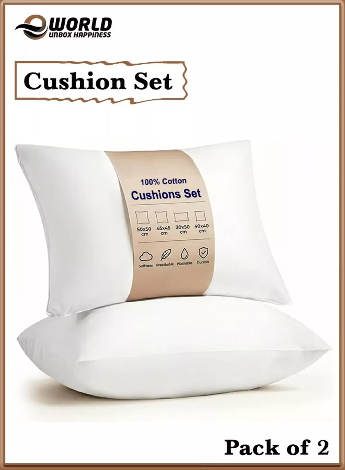 Eworld Pack of 2 White Mellow Cushion Set – 100% Cotton Cover, 550 GSM, Microfiber Filled Soft Decorative Throw Pillows for Sofa, Bed & Living Room – Multiple Sizes Available