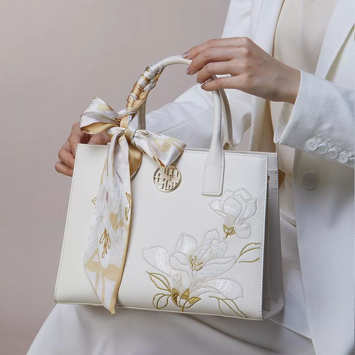Silk Road - Embroidery Leather White Commuting Handbag (Orchid)-3-3