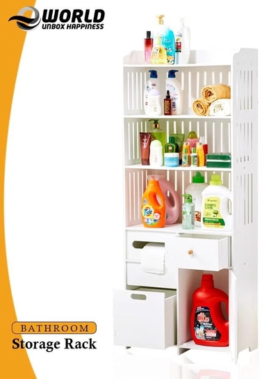 Eworld Waterproof White PVC Floor Cabinet Organizer, Stylish Storage Solution Featuring Shelves-0
