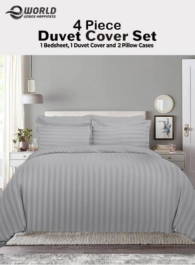 Premium Striped Duvet Set All Season – 4-Pieces Set Grey | King Size 220x240 cm | Ultra-Soft, Wrinkle-Resistant & Made in Dubai | Includes Duvet Cover, Fitted Sheet (200x200 cm) & 2 Pillowcases (50x70 cm)-0