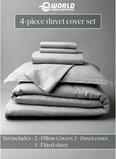 Premium Striped Duvet Set All Season – 4-Pieces Set Grey | King Size 220x240 cm | Ultra-Soft, Wrinkle-Resistant & Made in Dubai | Includes Duvet Cover, Fitted Sheet (200x200 cm) & 2 Pillowcases (50x70 cm)-1