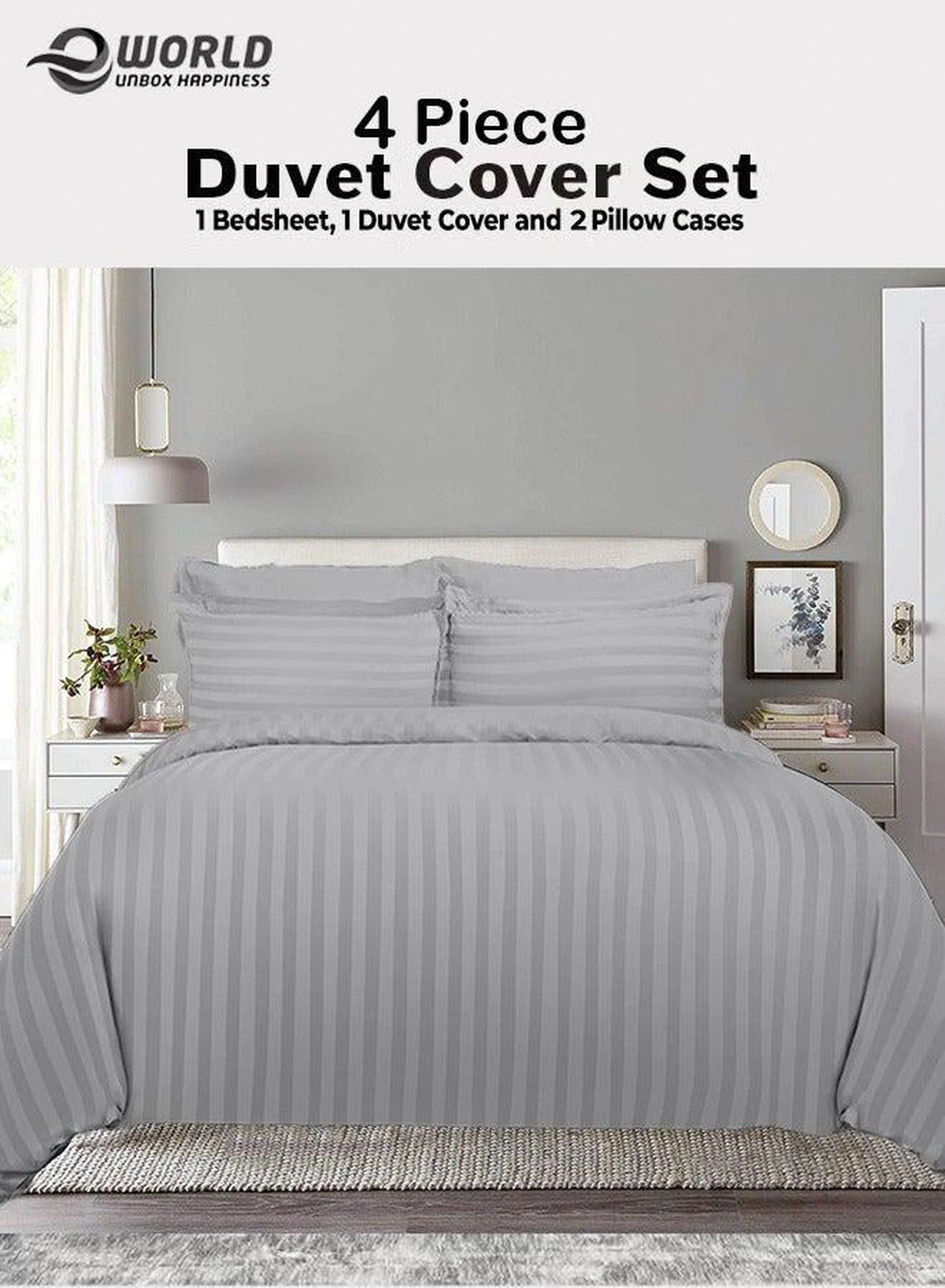 Premium Striped Duvet Set All Season – 4-Pieces Set Grey | King Size 220x240 cm | Ultra-Soft, Wrinkle-Resistant & Made in Dubai | Includes Duvet Cover, Fitted Sheet (200x200 cm) & 2 Pillowcases (50x70 cm)
