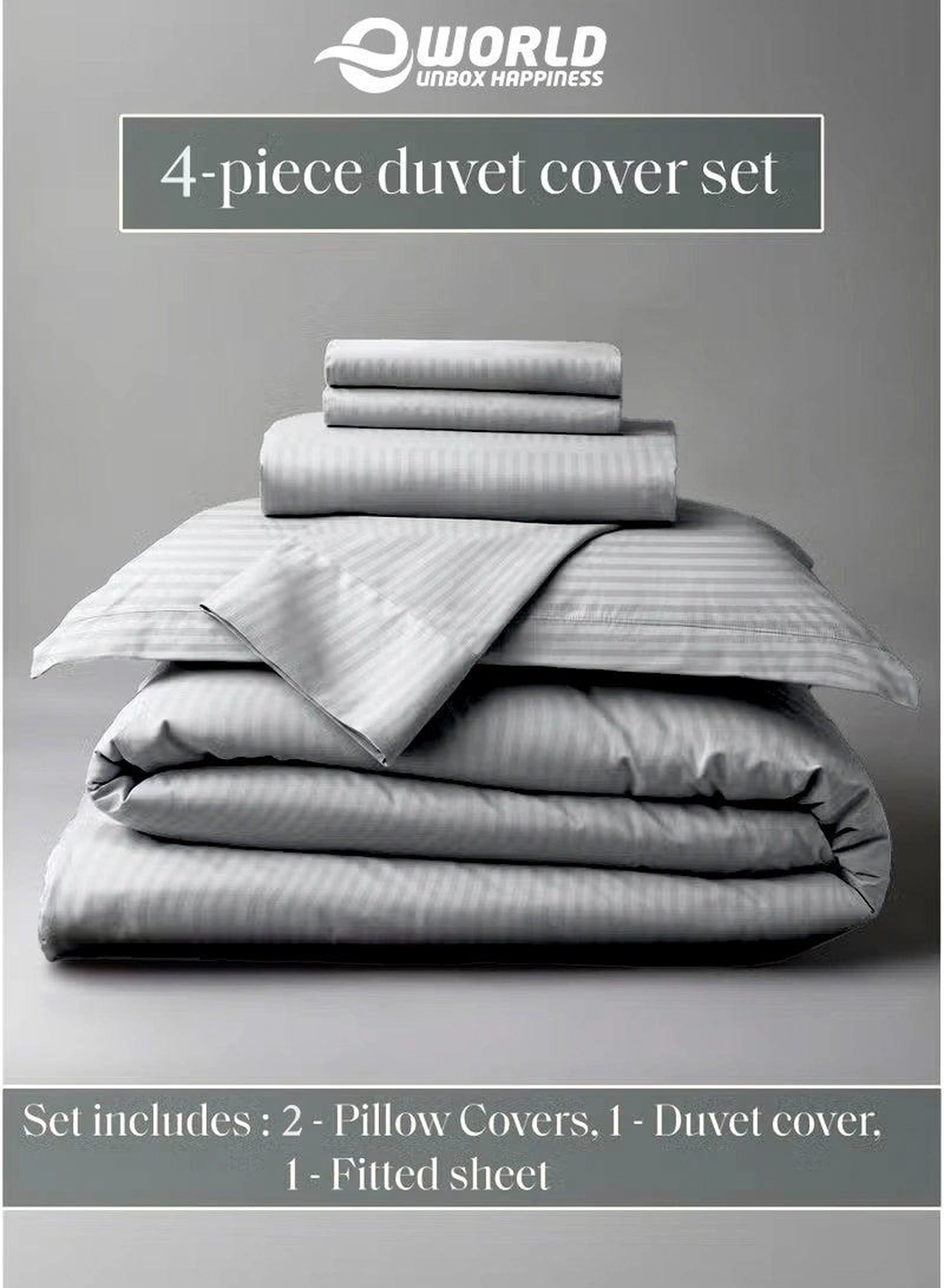Premium Striped Duvet Set All Season – 4-Pieces Set Grey | King Size 220x240 cm | Ultra-Soft, Wrinkle-Resistant & Made in Dubai | Includes Duvet Cover, Fitted Sheet (200x200 cm) & 2 Pillowcases (50x70 cm)-1-1