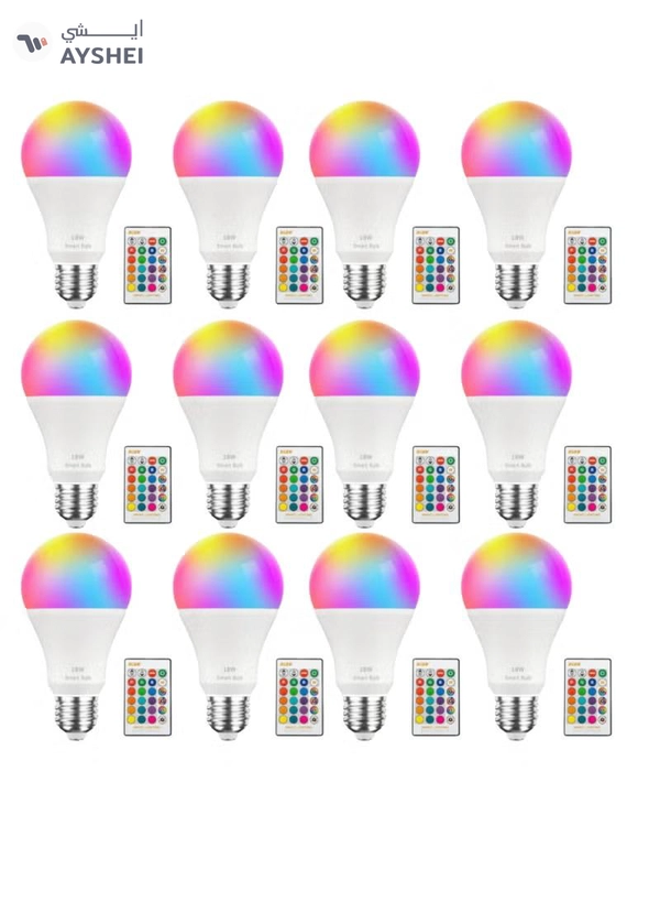 Yuwell 12Pcs RGBW Smart LED Light Bulb 24 Color Changing Bulb With Remote Control Smart Bulb With 16 Million Color Range E27-18W Bulb 50000 Hour Lifespan 2700K-6500K Color Temperature For Room Decoration