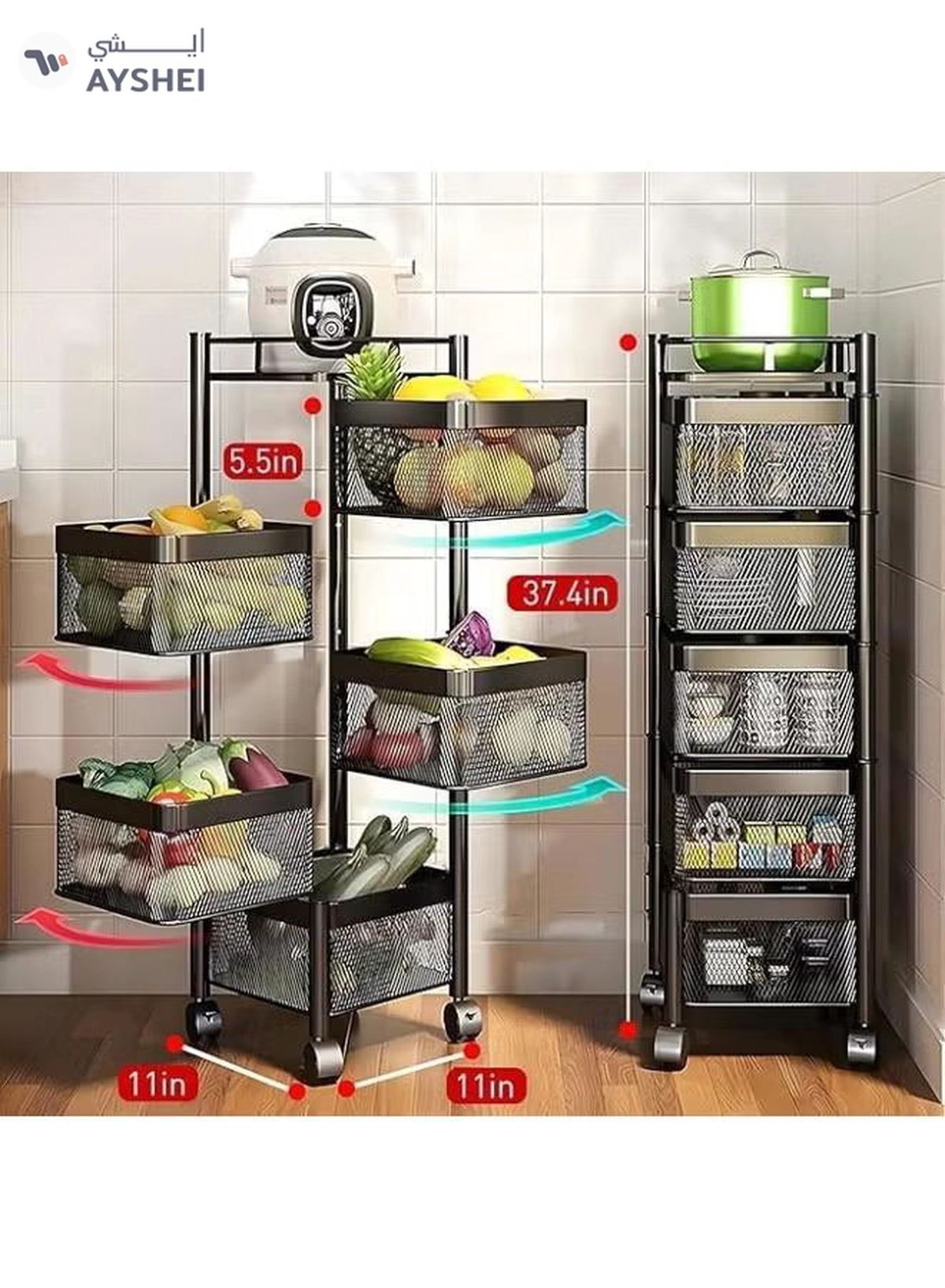 DubaiGallery Kitchen Storage Basket Organizer With Wheels – Multi-Level Metal Rack For Vegetables, Fruits, Groceries & Utensils-6-6