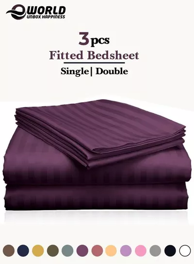 3 Piece Luxury Purple Striped Bed Sheet Set with 1 Deep Pocket Fitted Sheet and 2 Pillowcases for Hotel and Home Crafted from Ultra Soft and Breathable For All Seasons Microfiber for Year-Round Comfort (Single/Double)-0