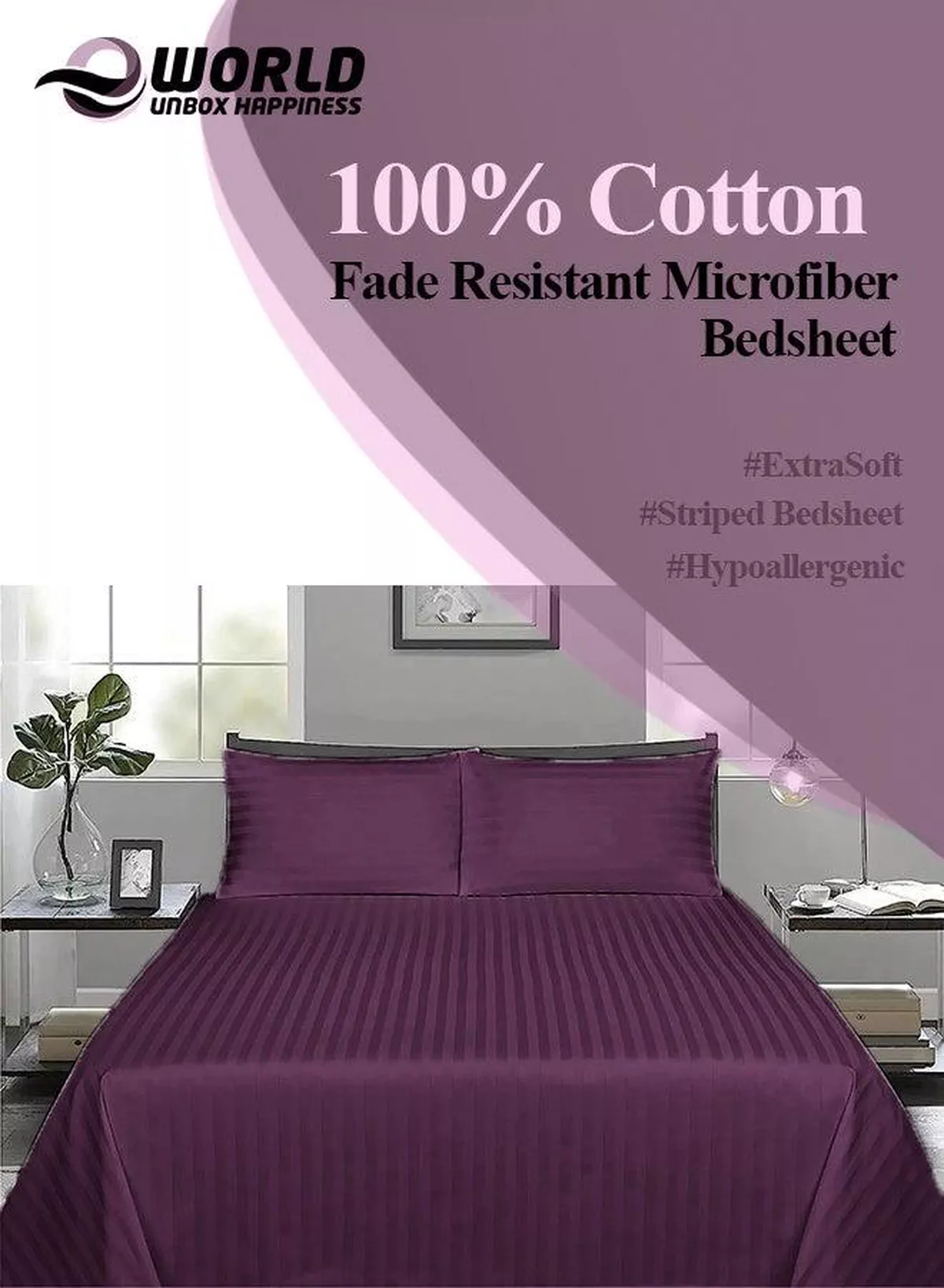 3 Piece Luxury Purple Striped Bed Sheet Set with 1 Deep Pocket Fitted Sheet and 2 Pillowcases for Hotel and Home Crafted from Ultra Soft and Breathable For All Seasons Microfiber for Year-Round Comfort (Single/Double)-4-4