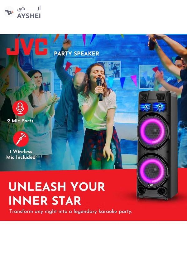 JVC Portable Bluetooth Party speaker with wireless mic and remote control XS-N7222PB Black