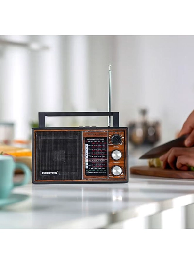 GEEPAS Rechargeable Radio BT/FM/MP3/TF/USB Music Player, 10 Band Radio ,Bluetooth Speaker Lightweight Portable FM Radio Stylish Retro Design GR6842N Brown/Black-2