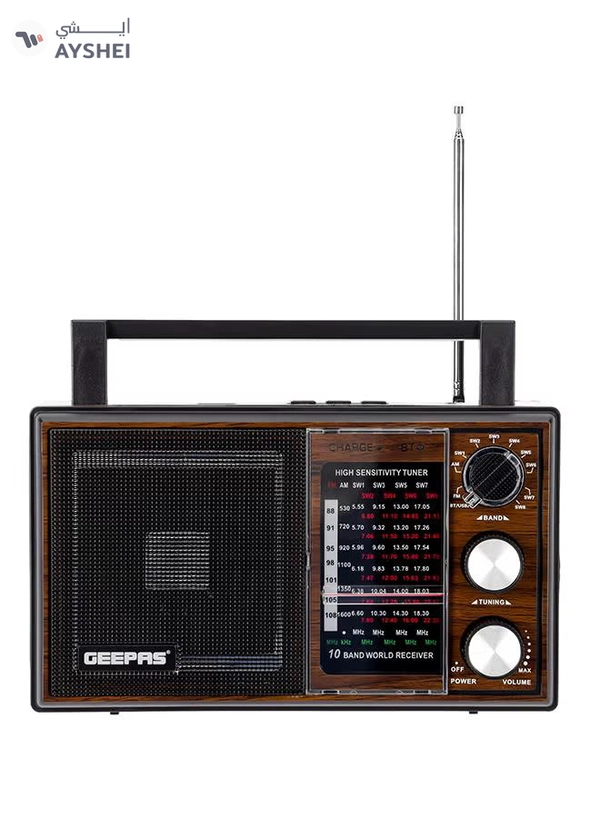 GEEPAS Rechargeable Radio BT/FM/MP3/TF/USB Music Player, 10 Band Radio ,Bluetooth Speaker Lightweight Portable FM Radio Stylish Retro Design GR6842N Brown/Black