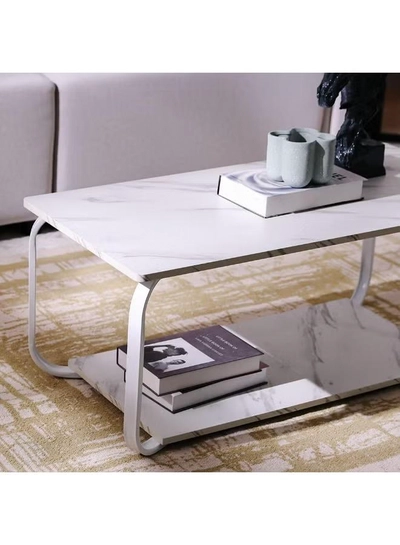 DubaiGallery Modern Marble Effect Coffee Table with Double Layer Storage Shelf, Strong Metal Frame, Rectangular Center Table for Living Room, Office, Lounge, Minimalist Home Furniture Design-1