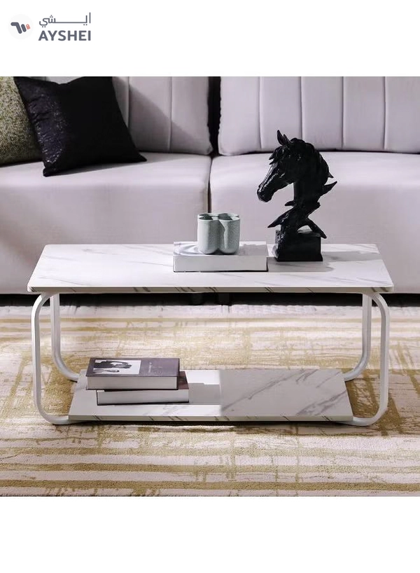 DubaiGallery Modern Marble Effect Coffee Table with Double Layer Storage Shelf, Strong Metal Frame, Rectangular Center Table for Living Room, Office, Lounge, Minimalist Home Furniture Design