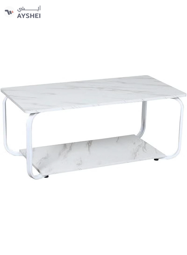 DubaiGallery Modern Marble Effect Coffee Table with Double Layer Storage Shelf, Strong Metal Frame, Rectangular Center Table for Living Room, Office, Lounge, Minimalist Home Furniture Design