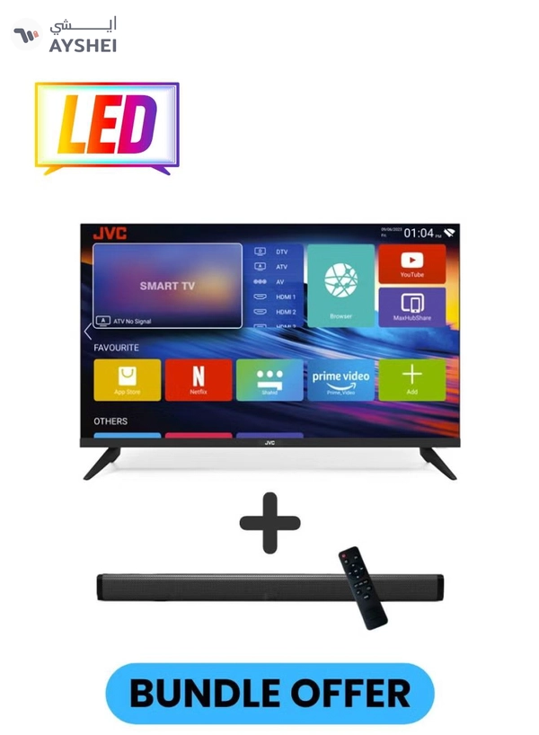 JVC 40 Inch Edgeless Full HD LED Android Smart TV with Dolby Audio, 60Hz, Paired with 2.0 Channel 30W Soundbar, Bluetooth, USB, FM Radio LT-40N550+SOUNDBAR Black