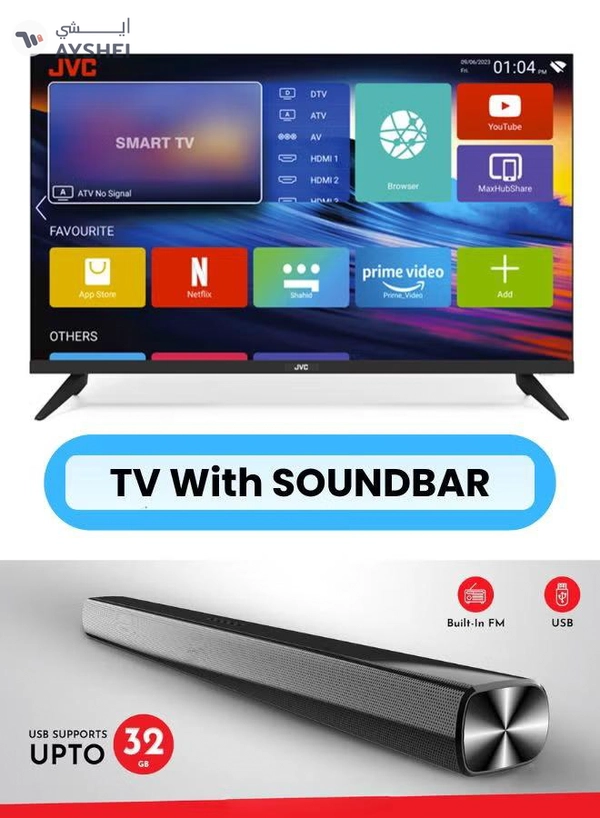 JVC 40 Inch Edgeless Full HD LED Android Smart TV with Dolby Audio, 60Hz, Paired with 2.0 Channel 30W Soundbar, Bluetooth, USB, FM Radio LT-40N550+SOUNDBAR Black