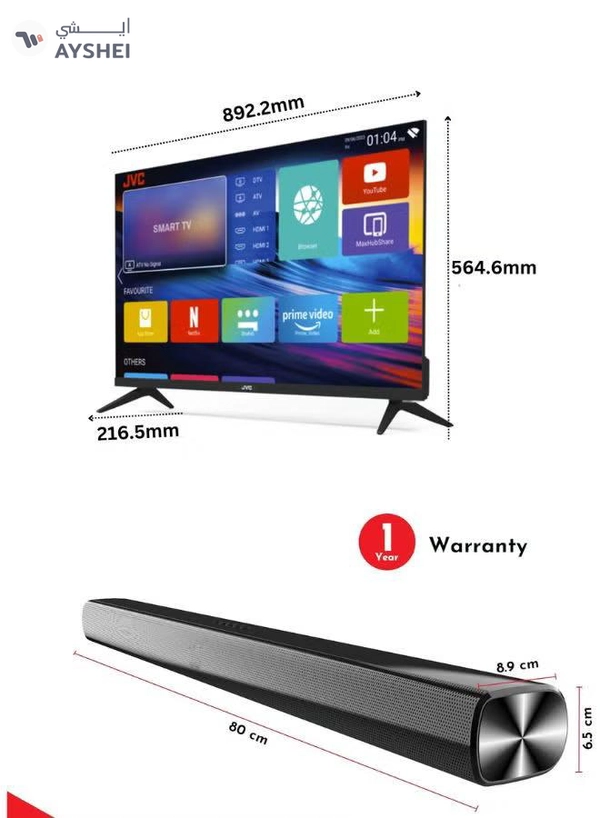 JVC 40 Inch Edgeless Full HD LED Android Smart TV with Dolby Audio, 60Hz, Paired with 2.0 Channel 30W Soundbar, Bluetooth, USB, FM Radio LT-40N550+SOUNDBAR Black