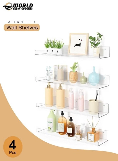Eworld 4-Pack Clear Acrylic Wall Shelves, Easy-to-Install Multi-Layer Floating Storage Organizer -0