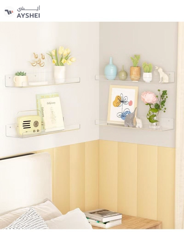 Eworld 4-Pack Clear Acrylic Wall Shelves, Easy-to-Install Multi-Layer Floating Storage Organizer