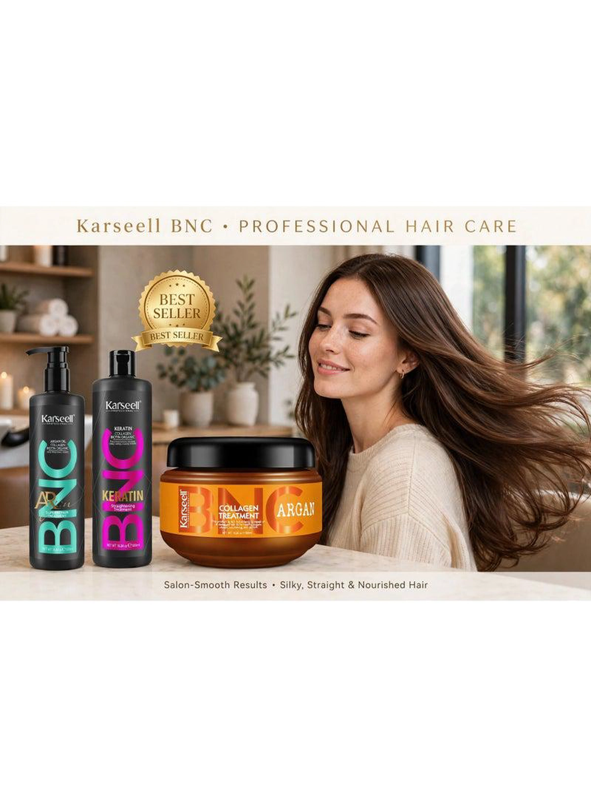 Karseell BNC Keratin Straightening + Argan Detangle Conditioner + Collagen Hair Treatment – Complete Hair Care Set Transform your hair care routine with this nourishing Karseell BNC trio. Keratin helps create a smooth appearance, Argan conditioner helps detangle and soften, while Collagen treatment provides intensive conditioning for beautifully cared-for hair.