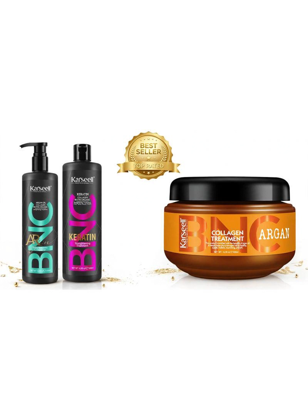 Karseell BNC Keratin Straightening + Argan Detangle Conditioner + Collagen Hair Treatment – Complete Hair Care Set Transform your hair care routine with this nourishing Karseell BNC trio. Keratin helps create a smooth appearance, Argan conditioner helps detangle and soften, while Collagen treatment provides intensive conditioning for beautifully cared-for hair.-1-1