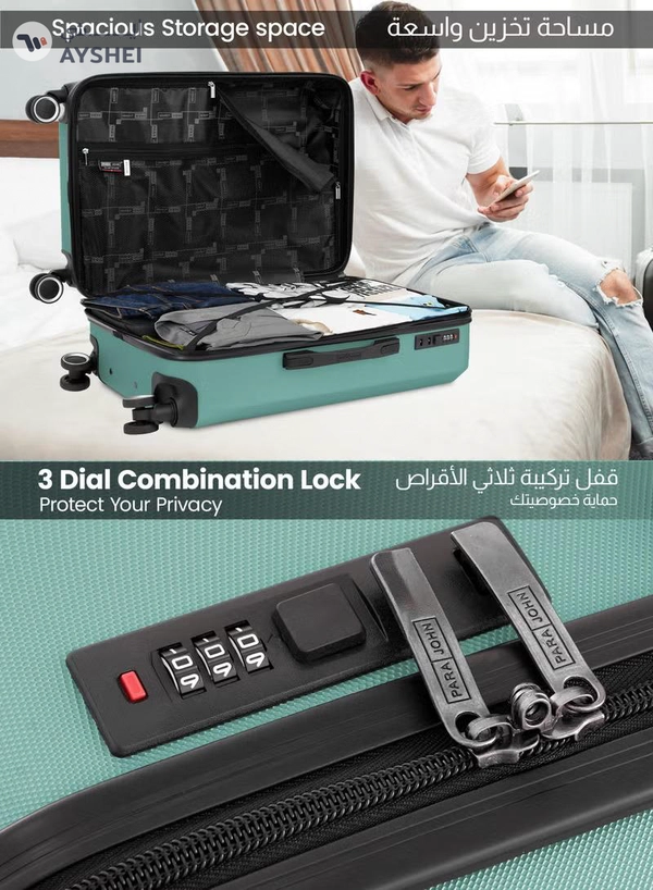  PARAJOHN ABS Material 3-Piece Hardsided Luggage Set | 4-Wheel Spinner Trolley | Small (10kg), Medium (20kg), Large (30kg) -Mint green