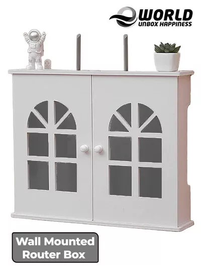 Stylish Wall-Mounted Router Rack for Wi-Fi Router, Set-Top Box, Light Cat Box, and More, Includes Doors and Patch Panel Shielding Box for Neat Storage, White.-0