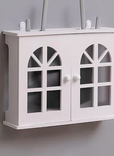 Stylish Wall-Mounted Router Rack for Wi-Fi Router, Set-Top Box, Light Cat Box, and More, Includes Doors and Patch Panel Shielding Box for Neat Storage, White.-2