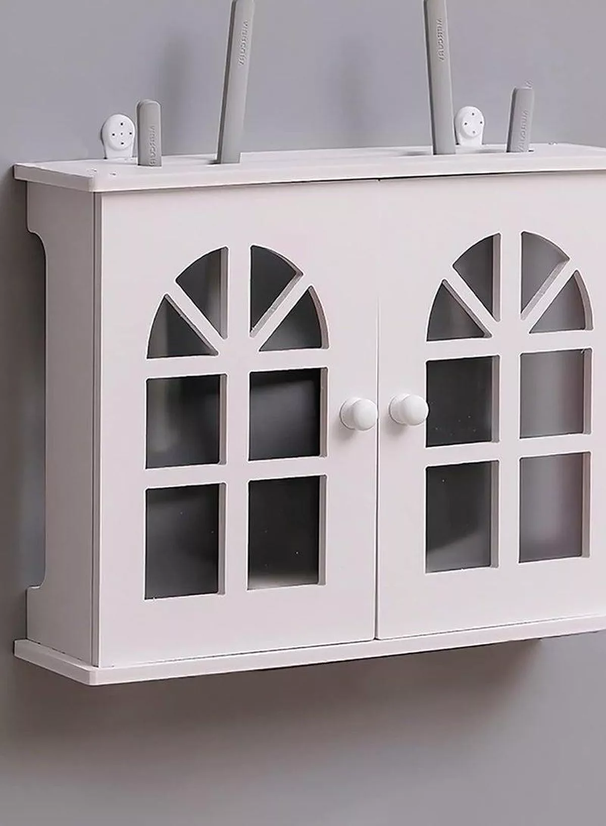 Stylish Wall-Mounted Router Rack for Wi-Fi Router, Set-Top Box, Light Cat Box, and More, Includes Doors and Patch Panel Shielding Box for Neat Storage, White.-2-2
