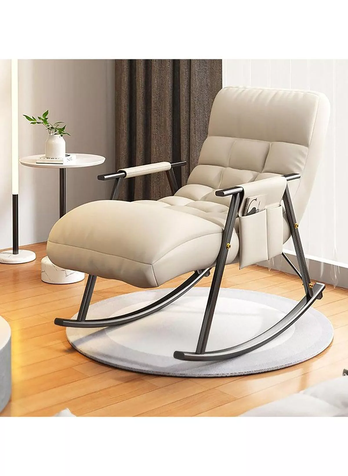 Rocking Chair, Modern Accent Rocker Armchair with Reclining Positions and Side Pocket, Upholstered High Back Rocking Chair for Nursery, Living Room and Bedroom