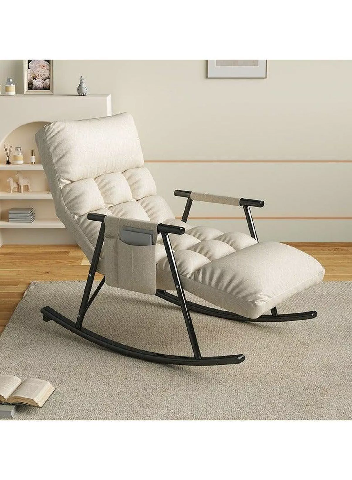 Rocking Chair, Modern Accent Rocker Armchair with Reclining Positions and Side Pocket, Upholstered High Back Rocking Chair for Nursery, Living Room and Bedroom-1-1