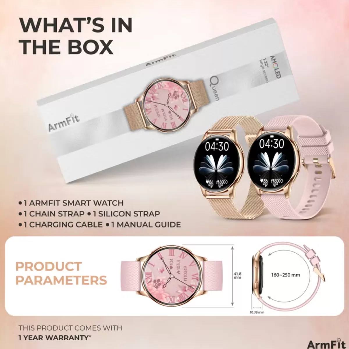 Queen Smart Watch For Women With AMOLED Always On Display Bluetooth Calling Waterproof Fitness Watches For Android iOS Gold-2-2