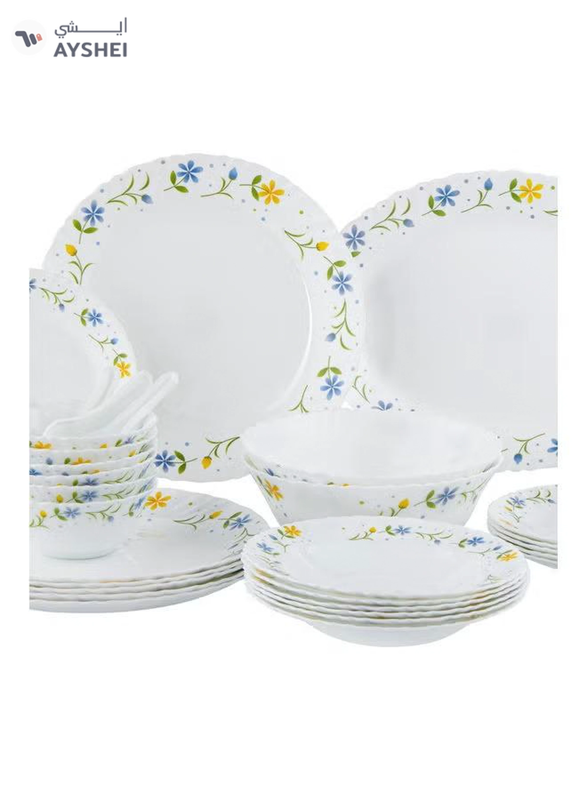 DELCASA 33-Piece Opalware Dinner Set White/Blue/Yellow 13inch-3-3