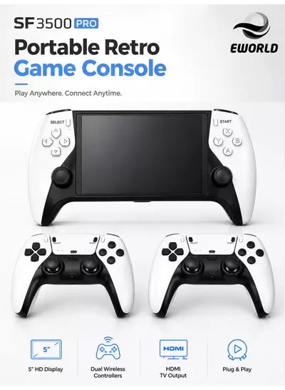 Eworld SF3500 PRO Portable Retro Game Console with 5-Inch IPS HD Display, Dual Wireless Controllers, HDMI TV Output, 64GB Game Card, Thousands of Built-in Retro Games, Rechargeable Handheld Gaming Console, Plug & Play for Kids & Adults-0